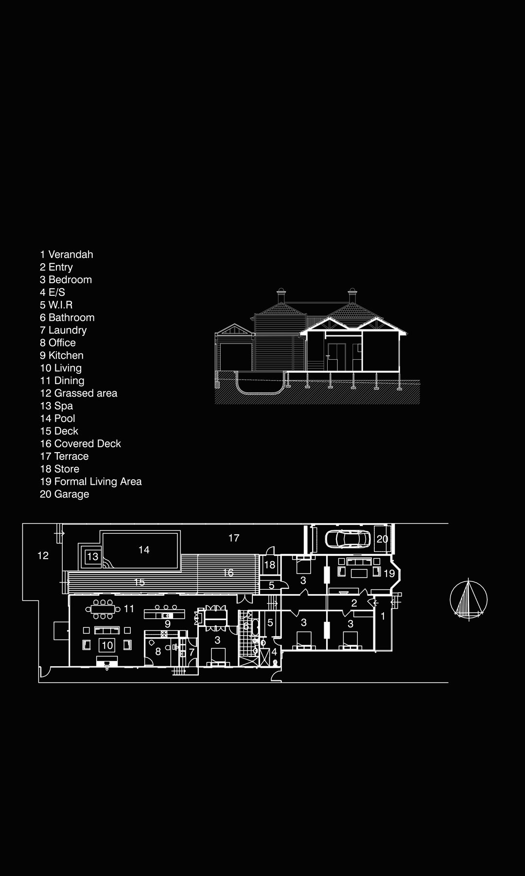 Presentation sheet: section through the house and a numbered plan of the whole site