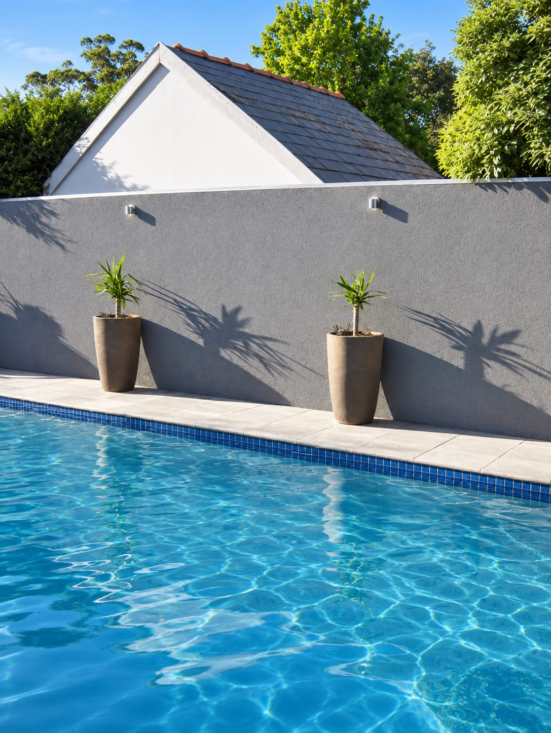 The pool against the rendered boundary wall, with the neighbouring slate gable beyond