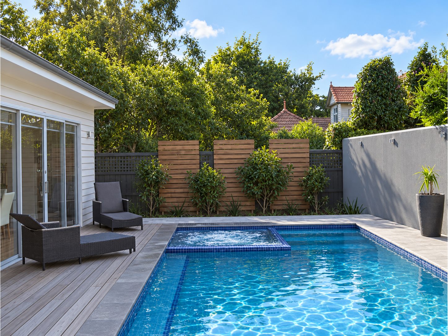 The pool and spa, timber deck and battened screens above the boundary
