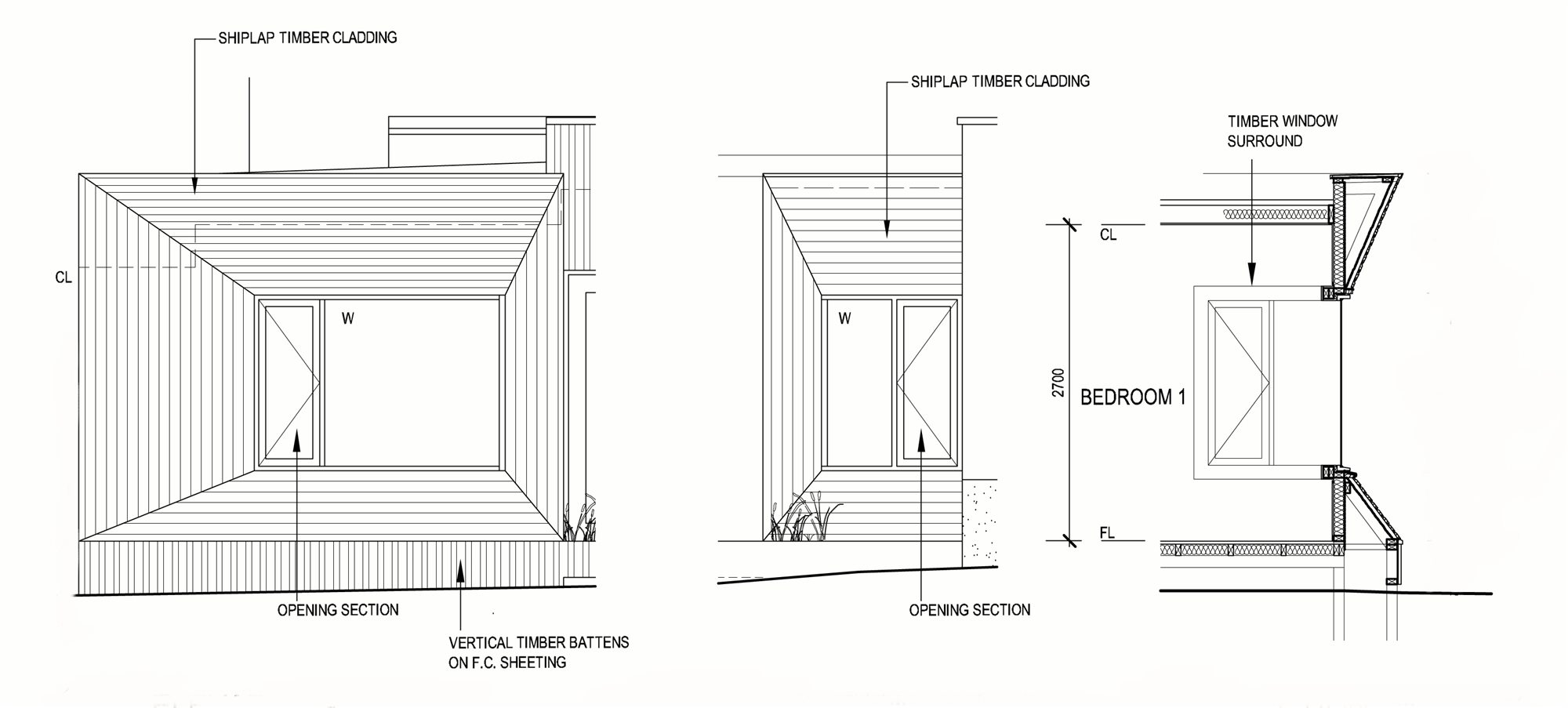 Elevation and section: shiplap cladding, vertical battens on fibre cement, timber window surround, 2700 ceiling