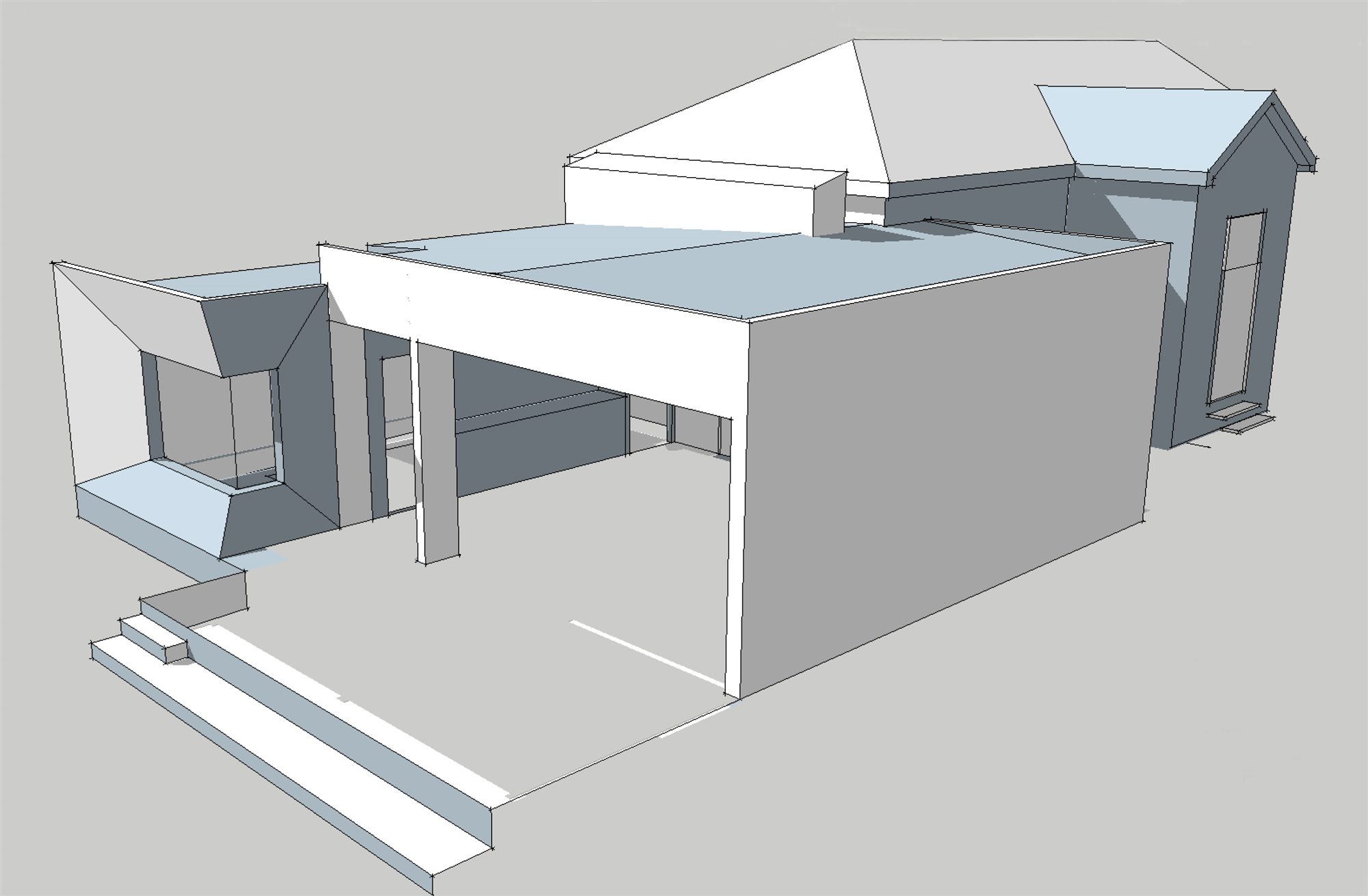 Model of the flat-roofed addition behind the cottage, its roof carried on past the glass line on posts