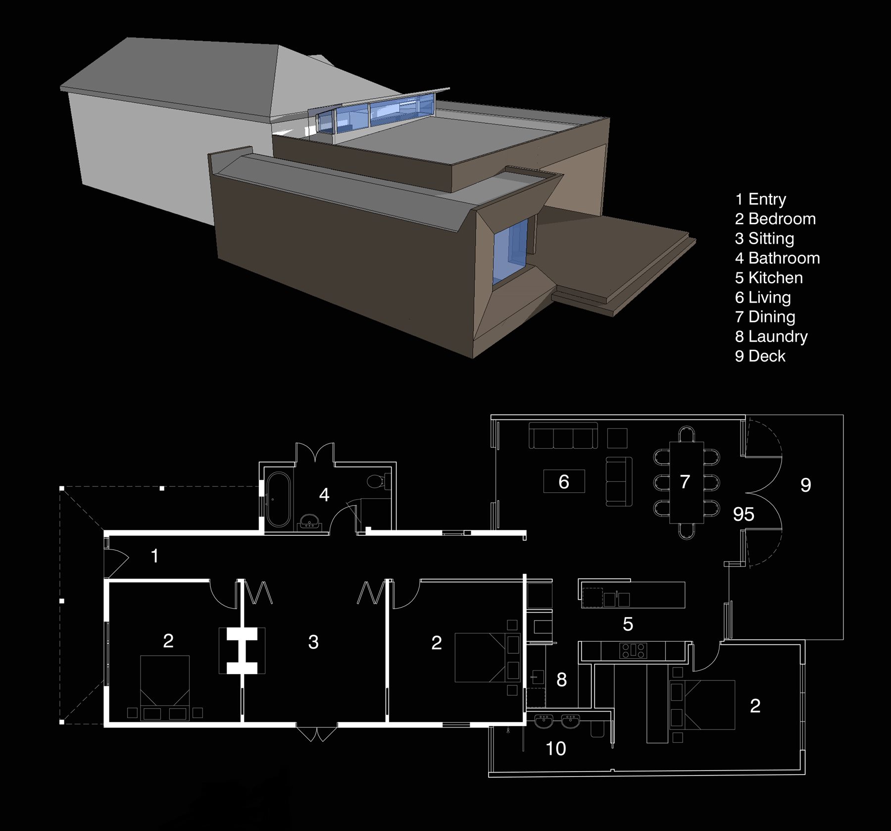Presentation sheet: a cutaway of the addition and a numbered plan of the whole house