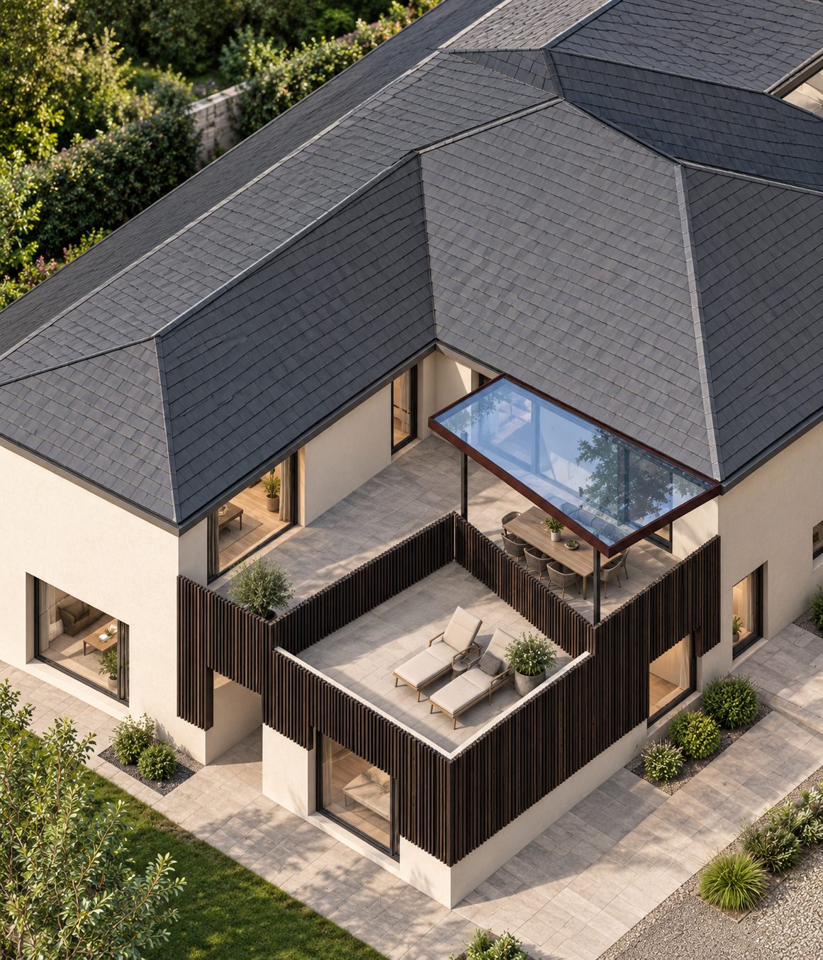 The proposed courtyard from above: battened screen walls, paving, and a glazed canopy over the dining end