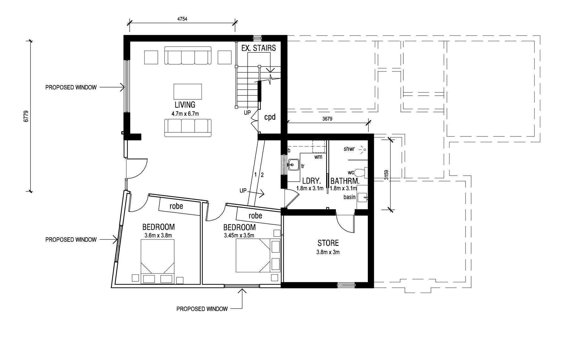 Proposed ground floor plan, room sizes and new windows marked