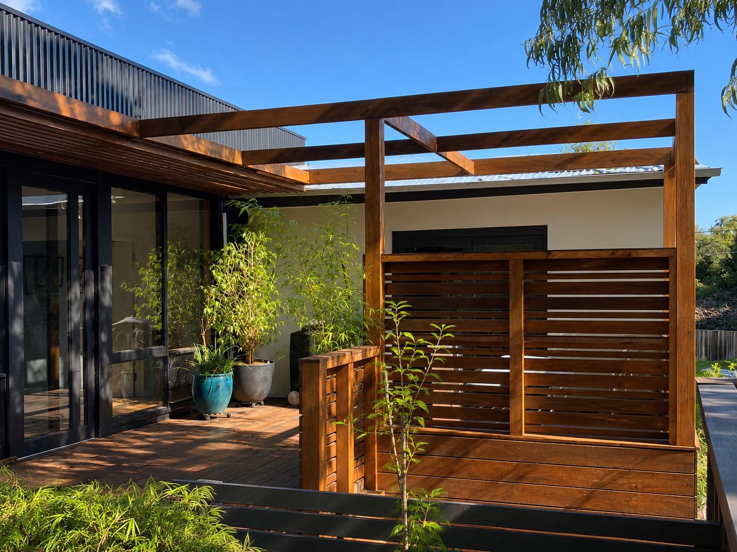 Deck, pergola and slatted screen seen from the garden
