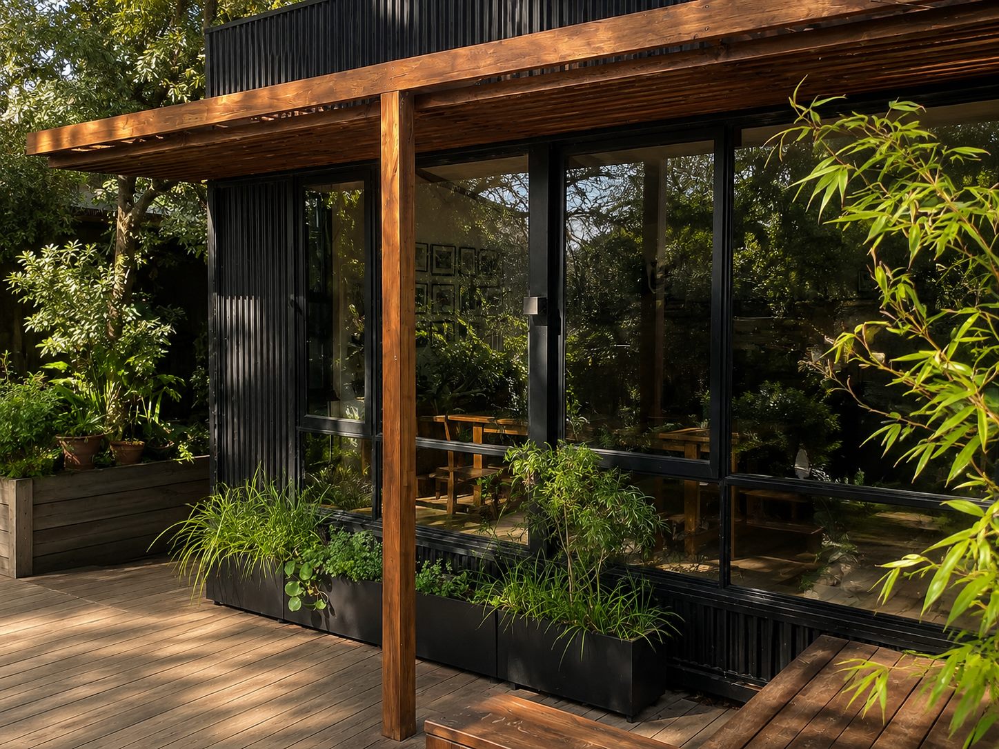 Black corrugated cladding and a hardwood pergola over the deck, late light