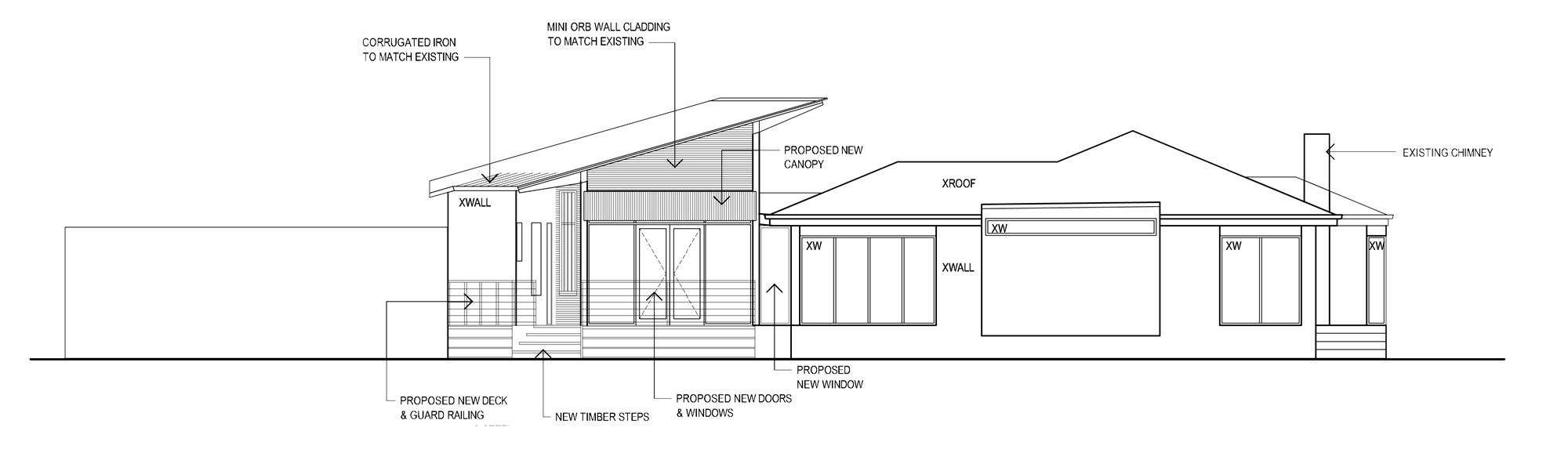Elevation showing the raked verandah roof, mini orb cladding to match existing, and the new doors