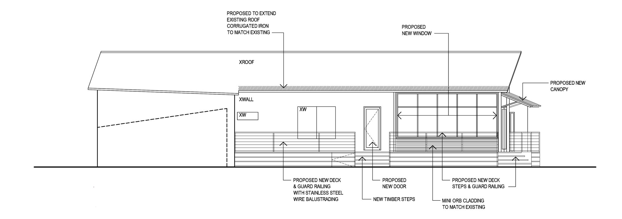 Elevation marked up with the extended roof, new deck, door, window and canopy