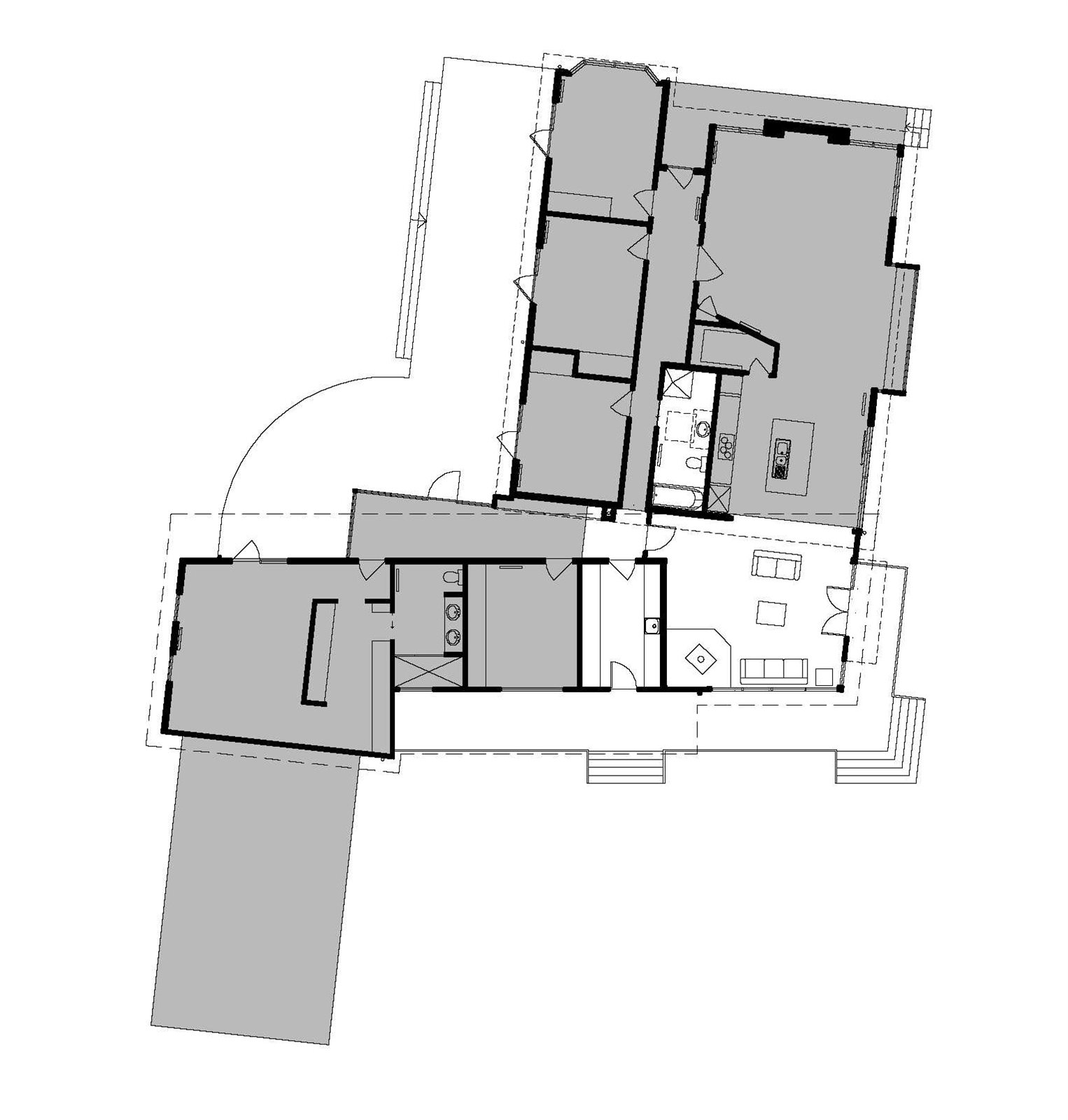 Plan of the proposal, new work shaded against the existing house