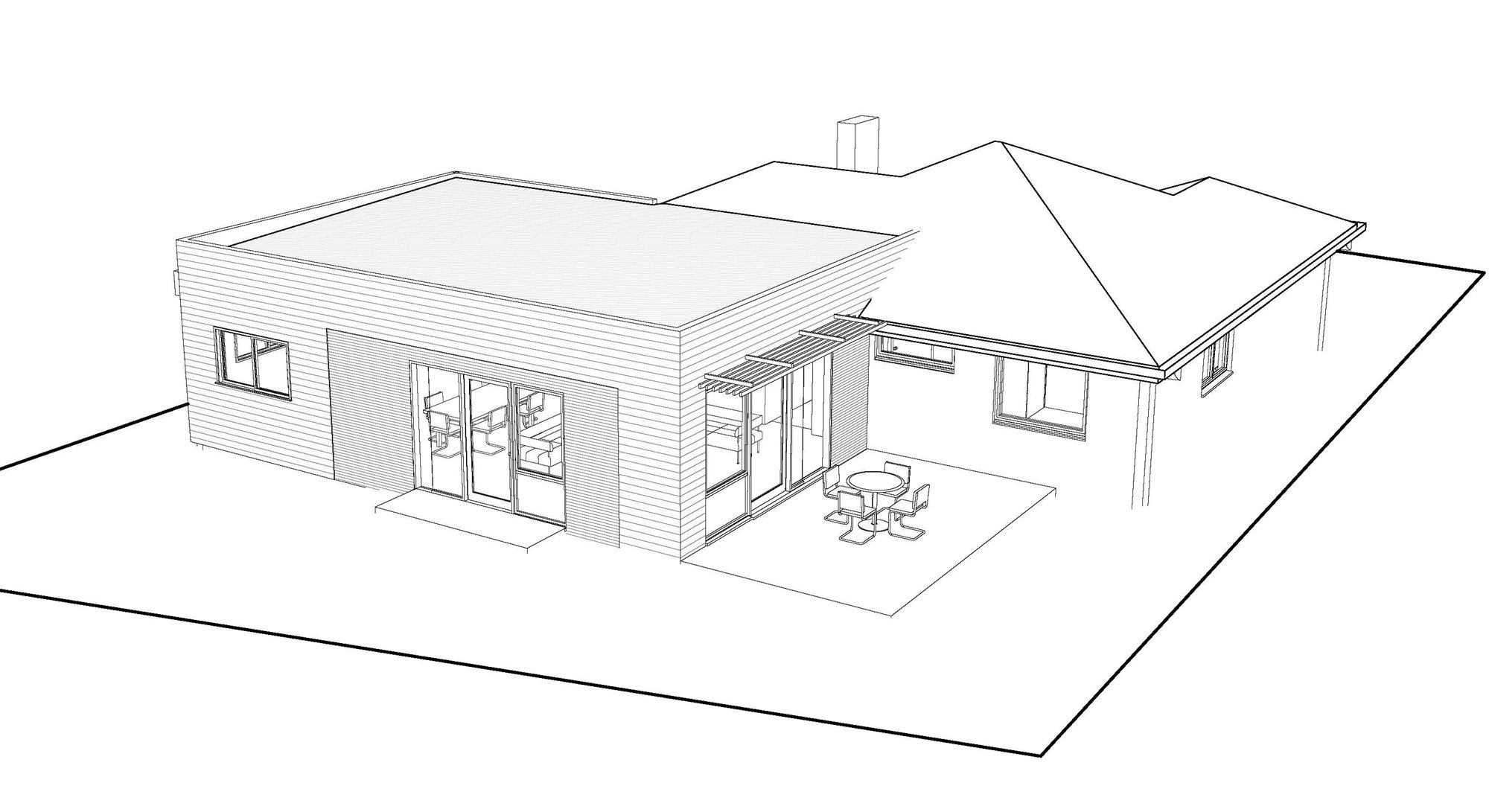 Line model of the extension set against the hipped roof of the existing house