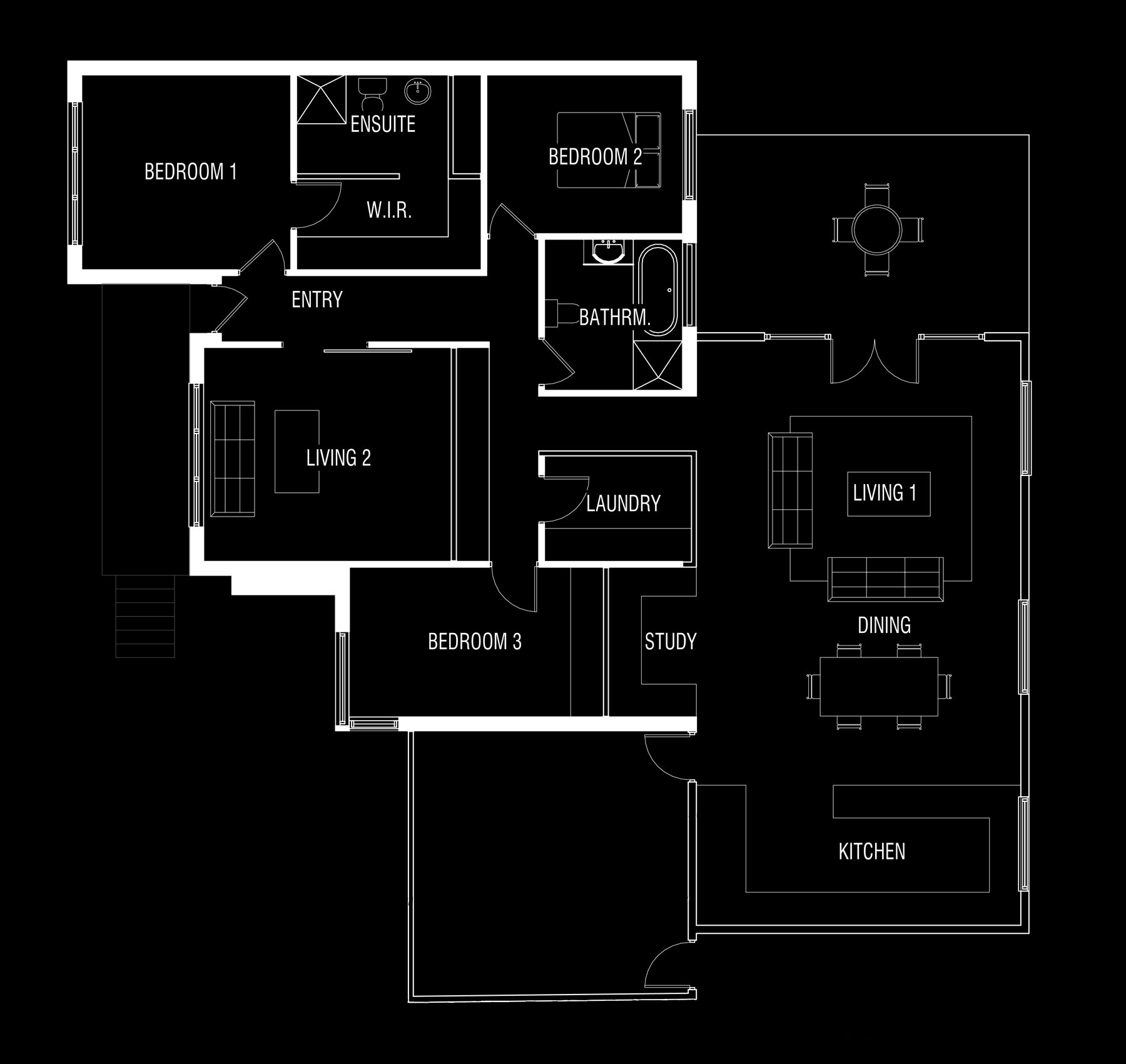 Floor plan: the existing bedrooms and study kept, the new kitchen, dining and living to the right