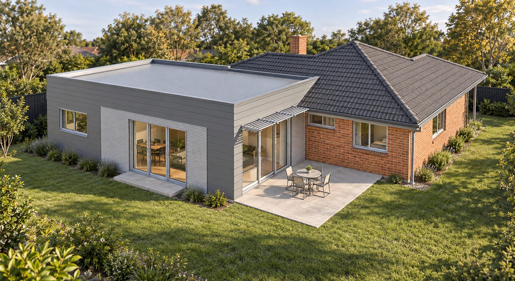 The new weatherboard wing set against the brick and tile of the existing house