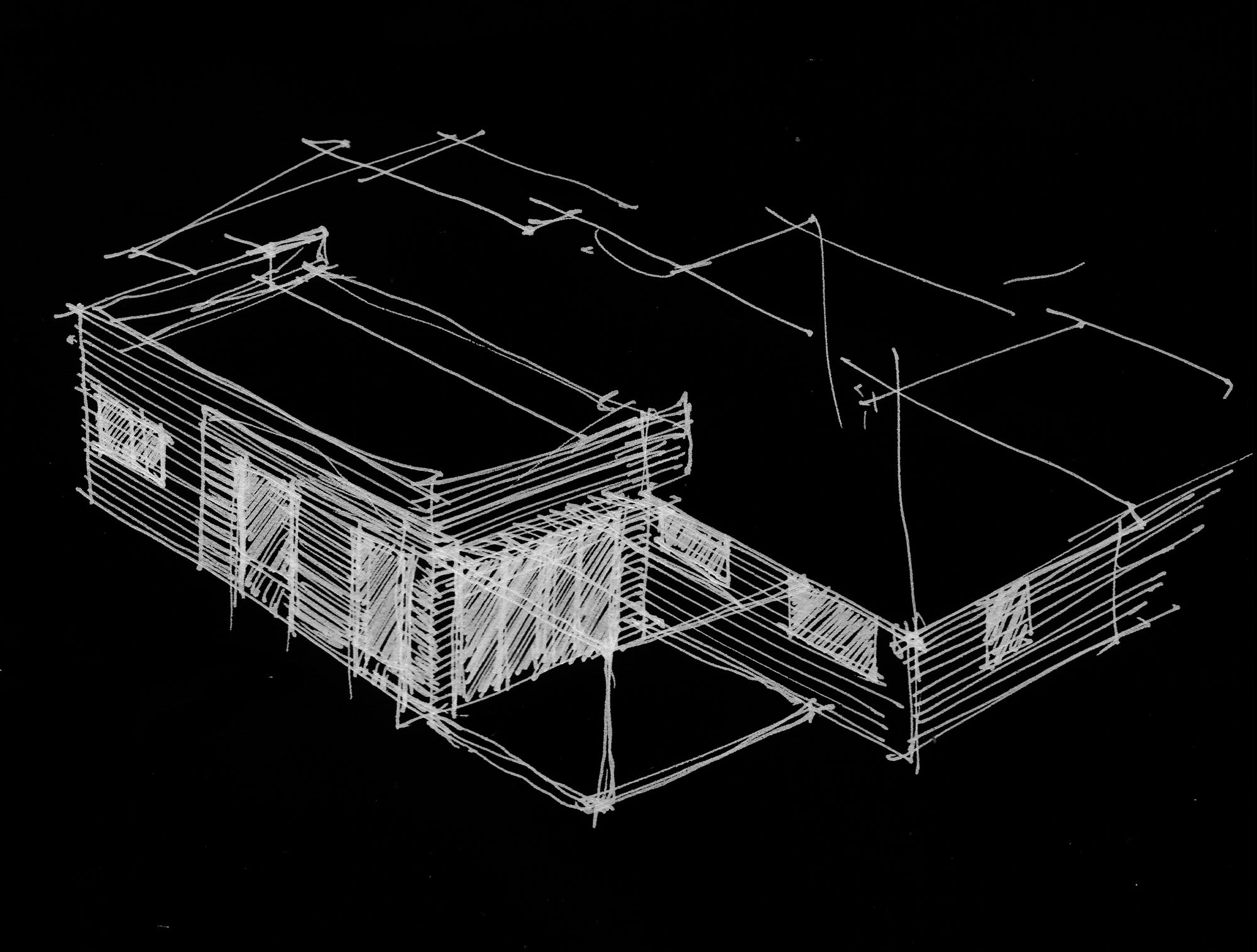Hand study of the massing, the new roof running up to the existing one