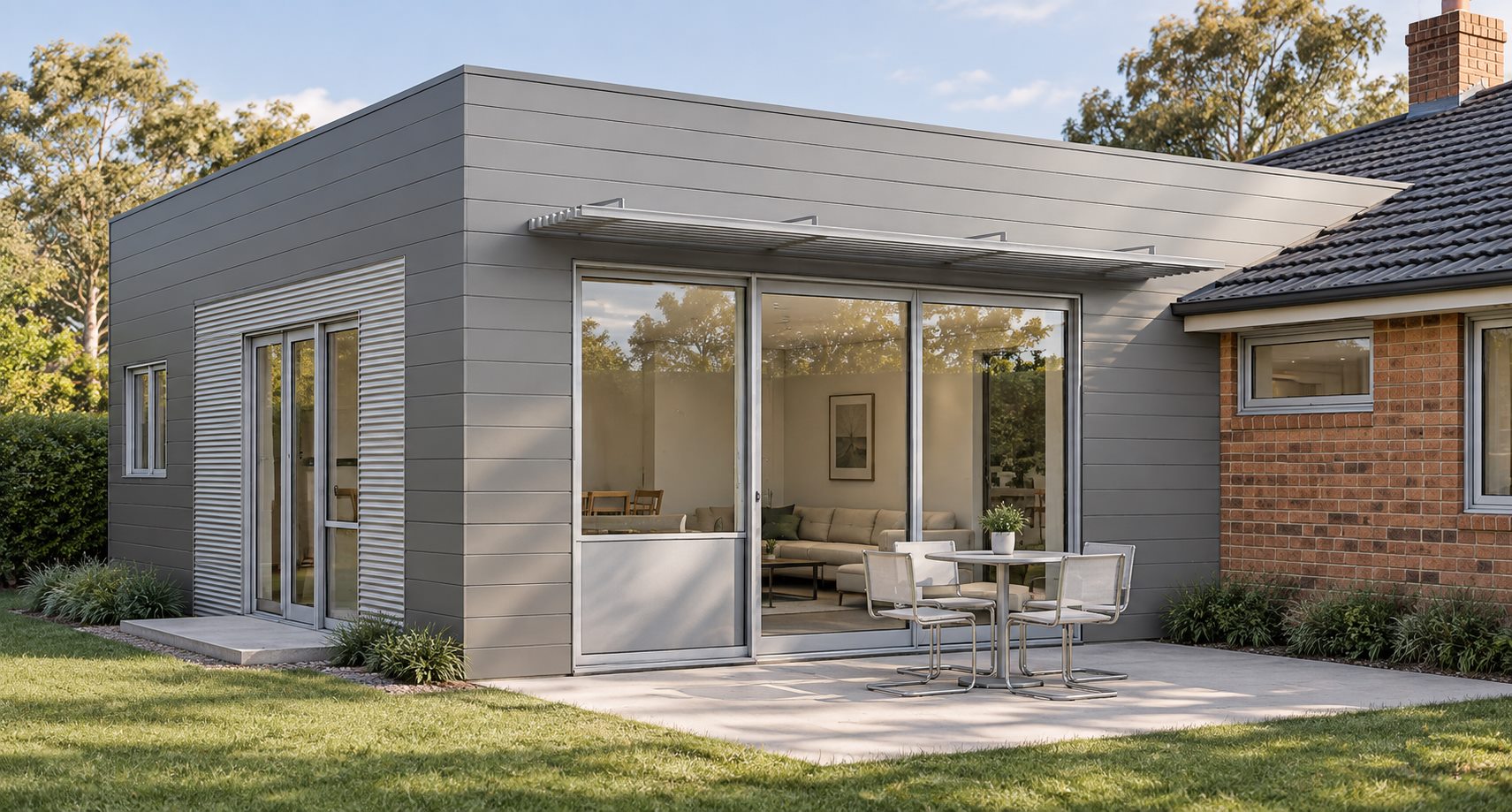 The terrace and the sliding doors under their battened canopy, looking into the living room
